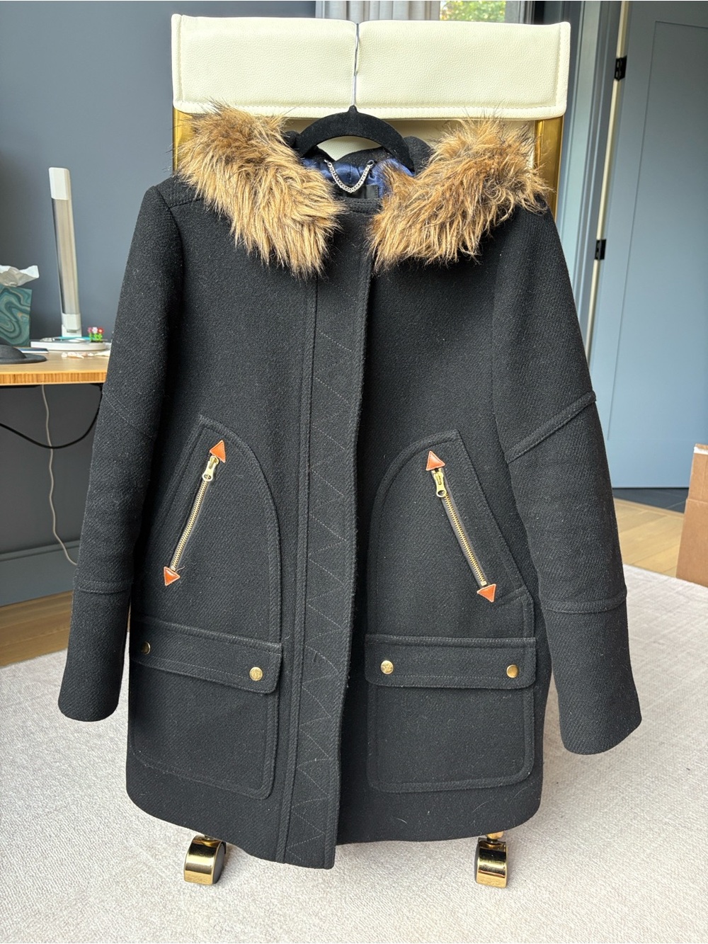 J. Crew Black Wool Coat with Faux Fur Trim Hood
